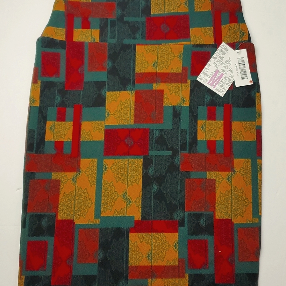 NWT LuLaRoe Cassie Pencil Skirt Medium Geometric Colorblock Teal Red Gold medium
